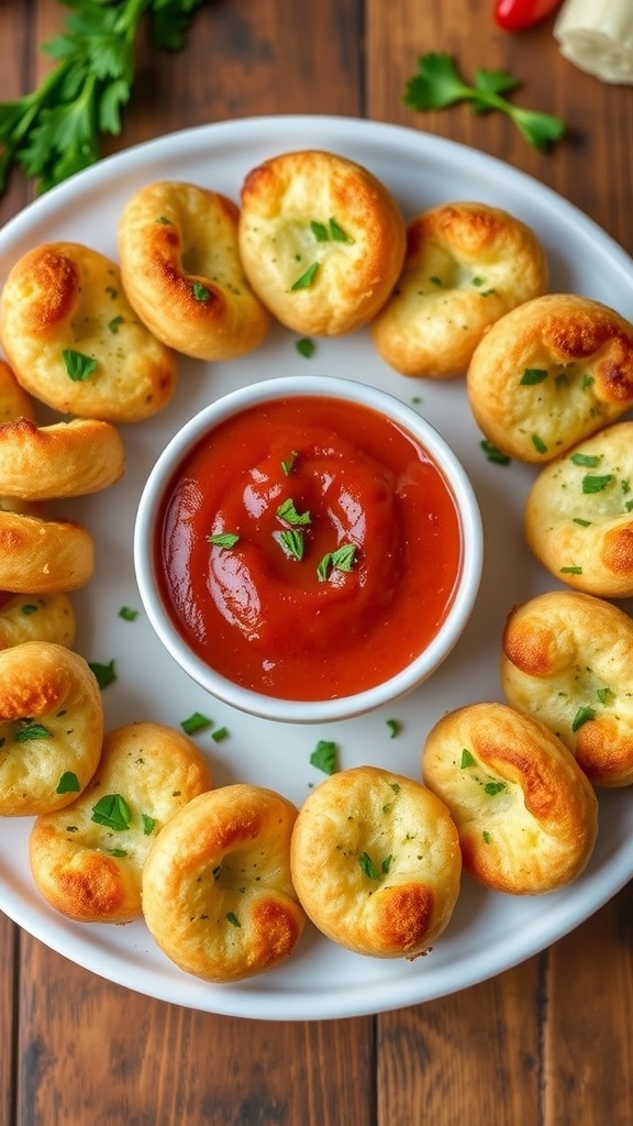 Golden cheese and herb snack bites on a plate, served with marinara sauce.